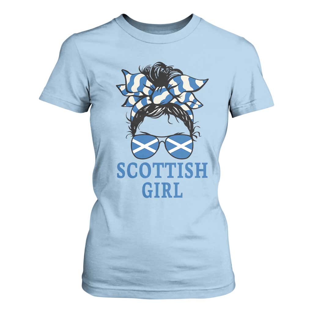 Scottish Girl Messy Bun Hair Saltire Flag Ribbon Bow T Shirt For Women Scotland Pride for Girls Women