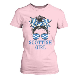 Scottish Girl Messy Bun Hair Saltire Flag Ribbon Bow T Shirt For Women Scotland Pride for Girls Women