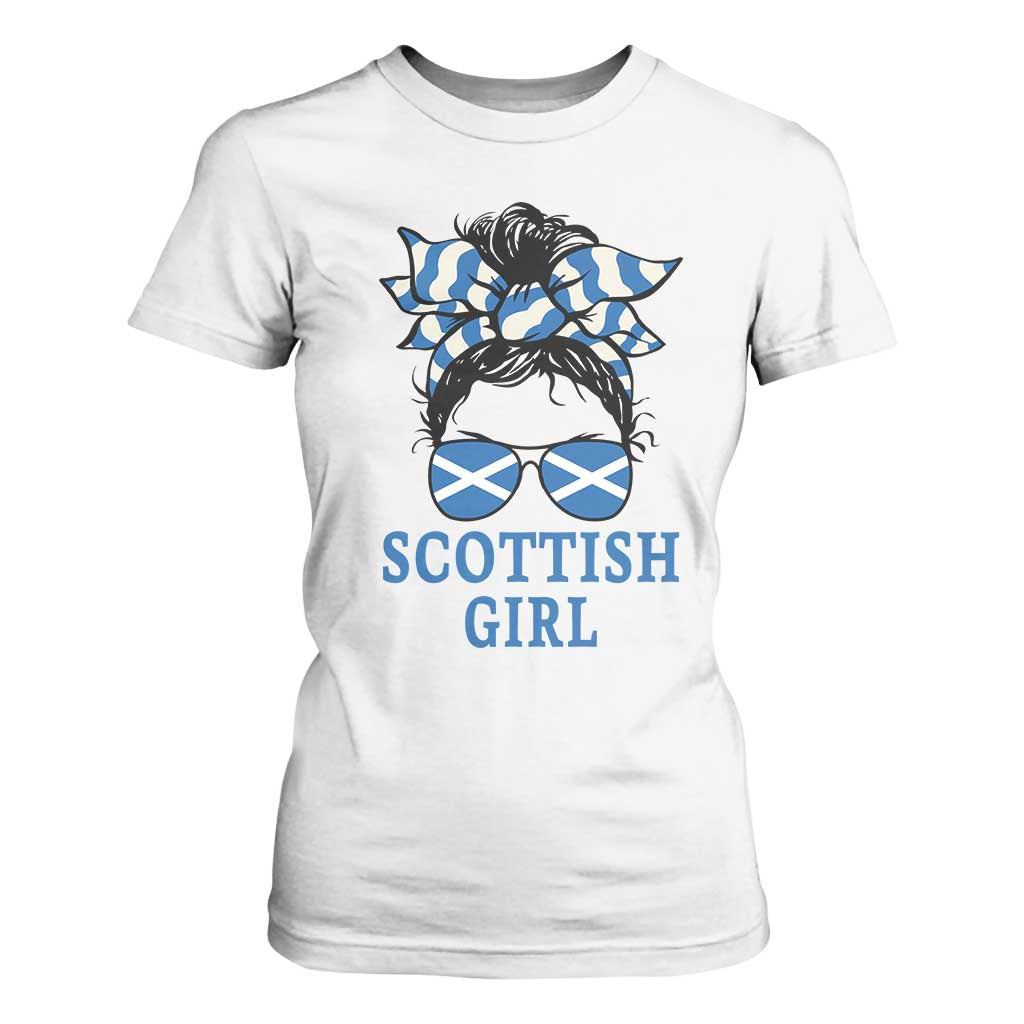 Scottish Girl Messy Bun Hair Saltire Flag Ribbon Bow T Shirt For Women Scotland Pride for Girls Women