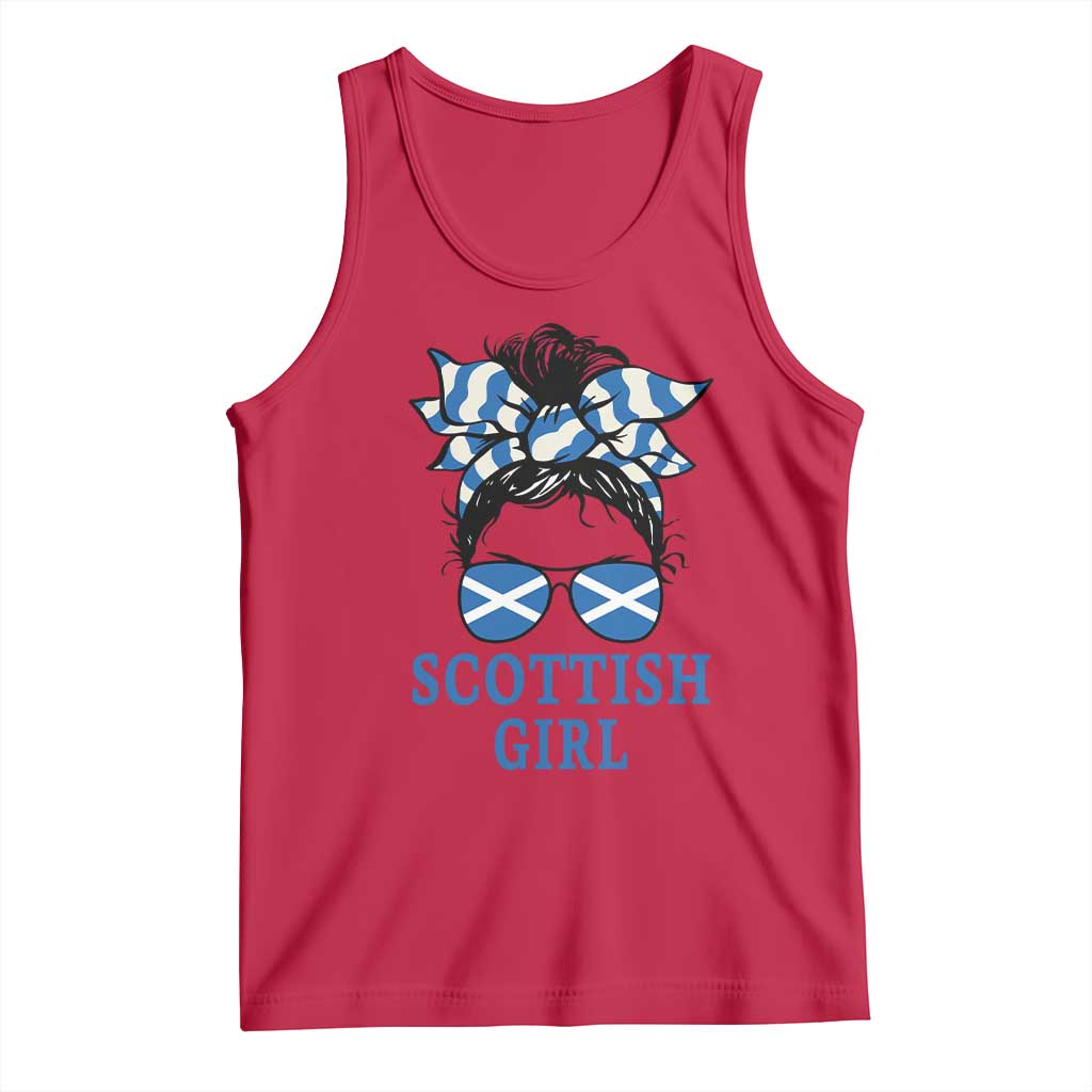 Scottish Girl Messy Bun Hair Saltire Flag Ribbon Bow Tank Top Scotland Pride for Girls Women