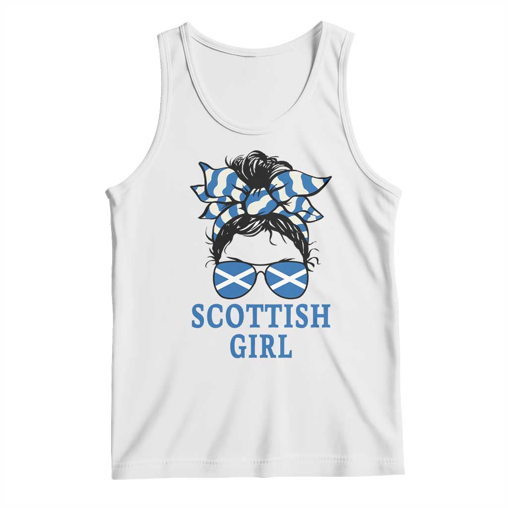 Scottish Girl Messy Bun Hair Saltire Flag Ribbon Bow Tank Top Scotland Pride for Girls Women TS02 White Print Your Wear
