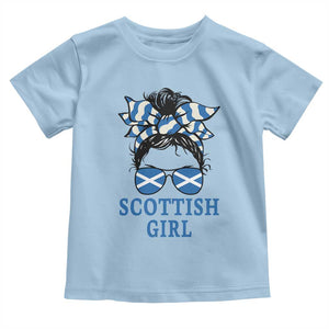 Scottish Girl Messy Bun Hair Saltire Flag Ribbon Bow Toddler T Shirt Scotland Pride for Girls Women