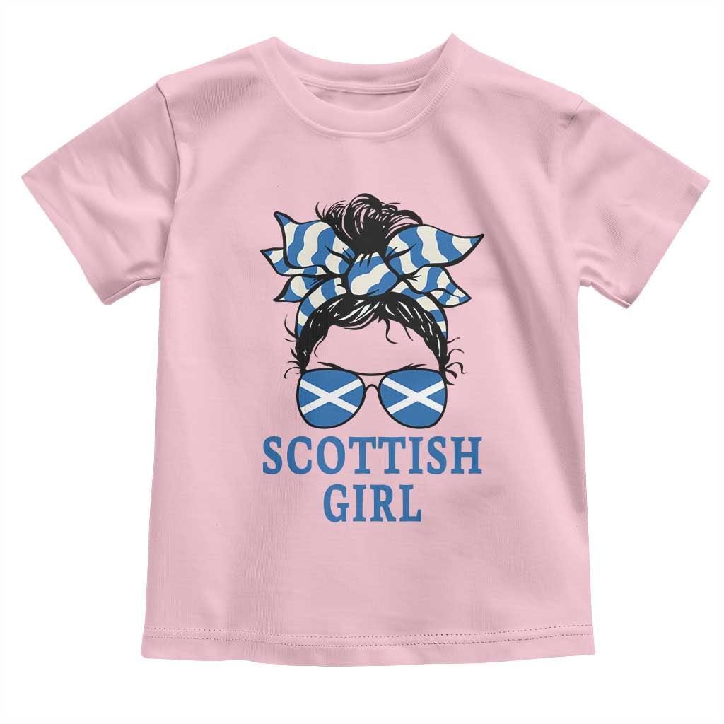 Scottish Girl Messy Bun Hair Saltire Flag Ribbon Bow Toddler T Shirt Scotland Pride for Girls Women