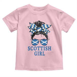 Scottish Girl Messy Bun Hair Saltire Flag Ribbon Bow Toddler T Shirt Scotland Pride for Girls Women