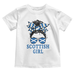 Scottish Girl Messy Bun Hair Saltire Flag Ribbon Bow Toddler T Shirt Scotland Pride for Girls Women