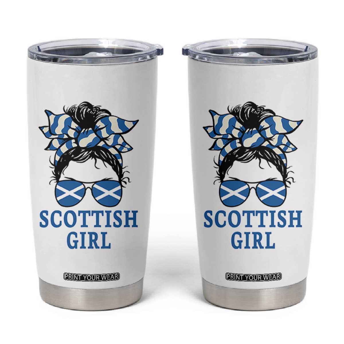 Scottish Girl Messy Bun Hair Saltire Flag Ribbon Bow Tumbler Cup Scotland Pride for Girls Women