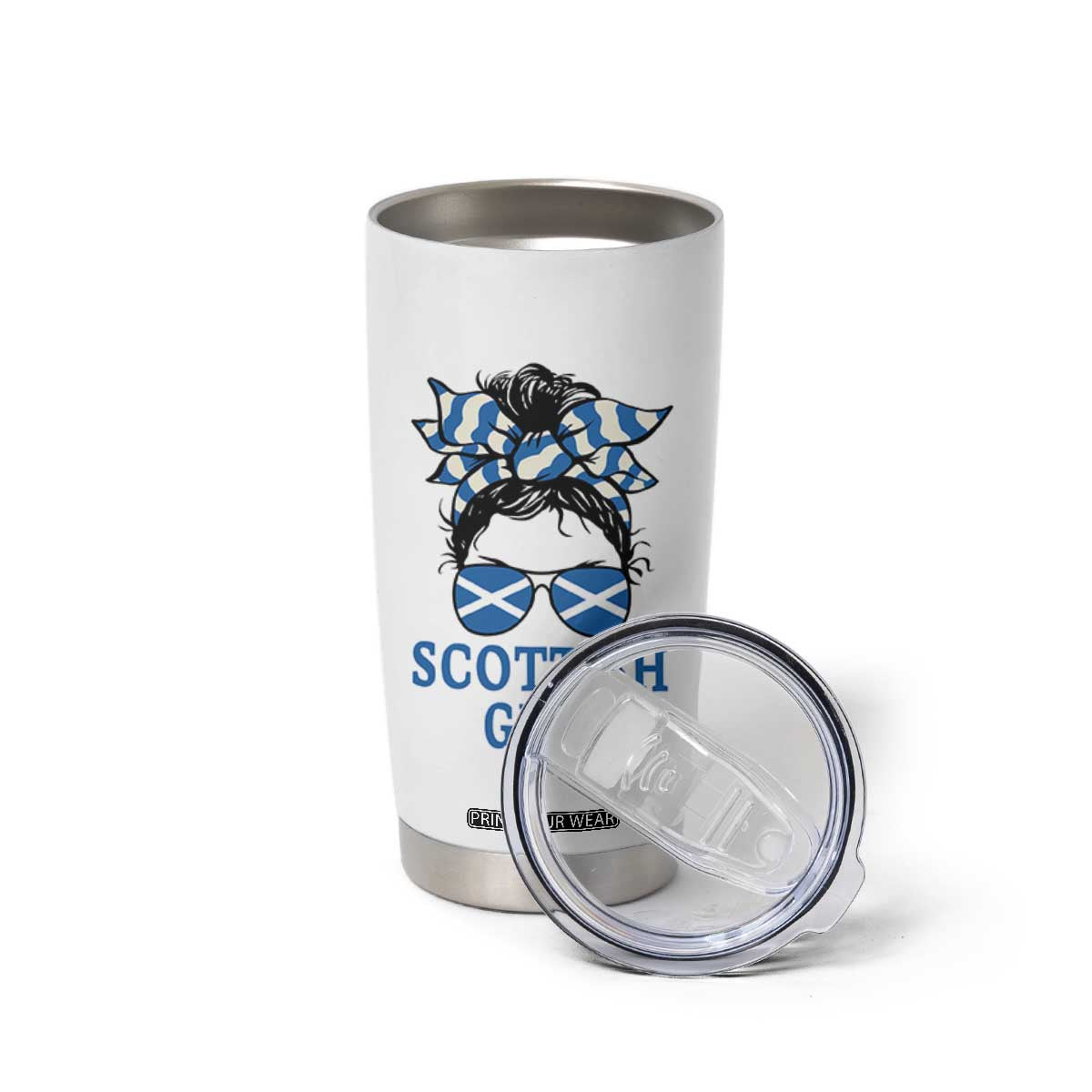 Scottish Girl Messy Bun Hair Saltire Flag Ribbon Bow Tumbler Cup Scotland Pride for Girls Women