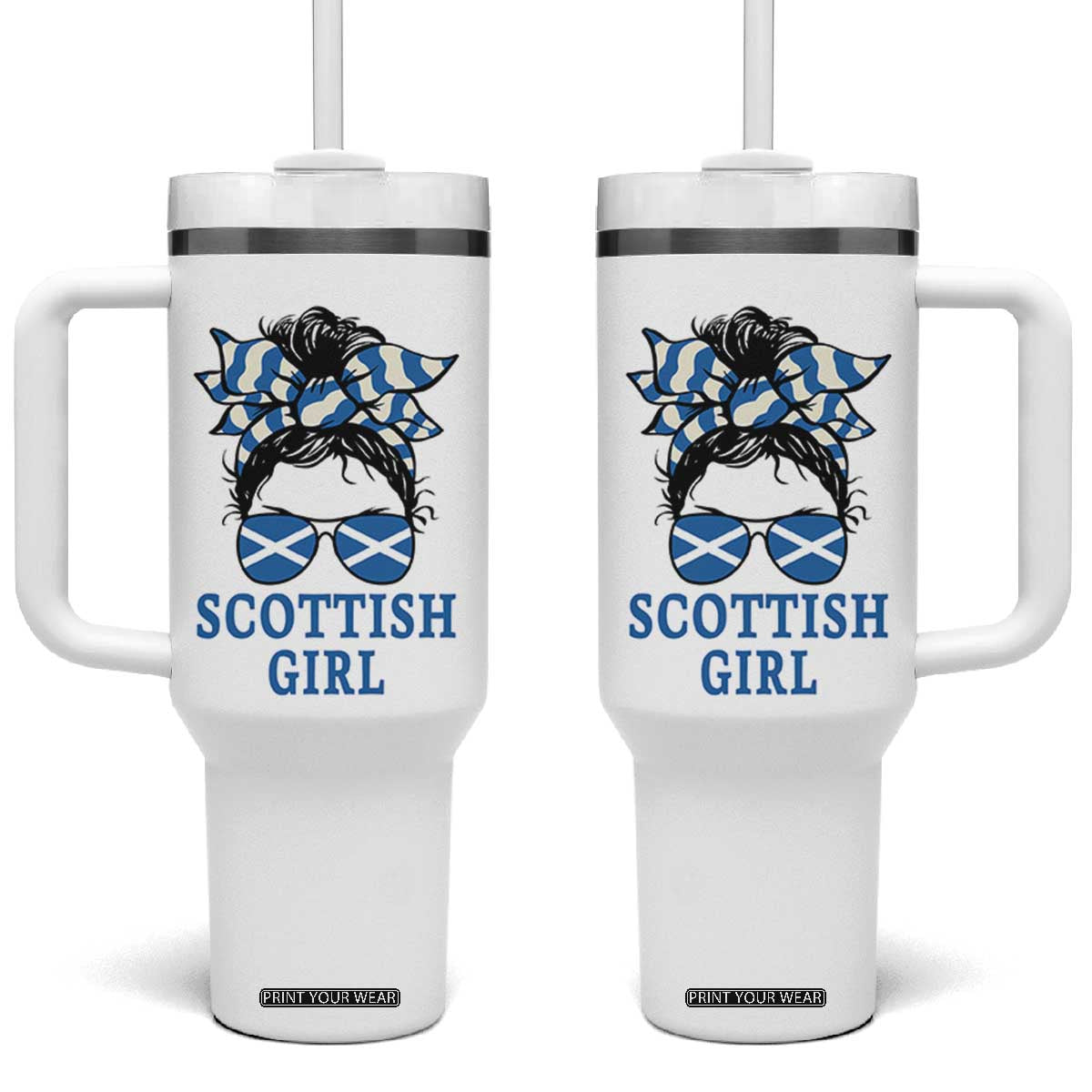 Scottish Girl Messy Bun Hair Saltire Flag Ribbon Bow Tumbler With Handle Scotland Pride for Girls Women