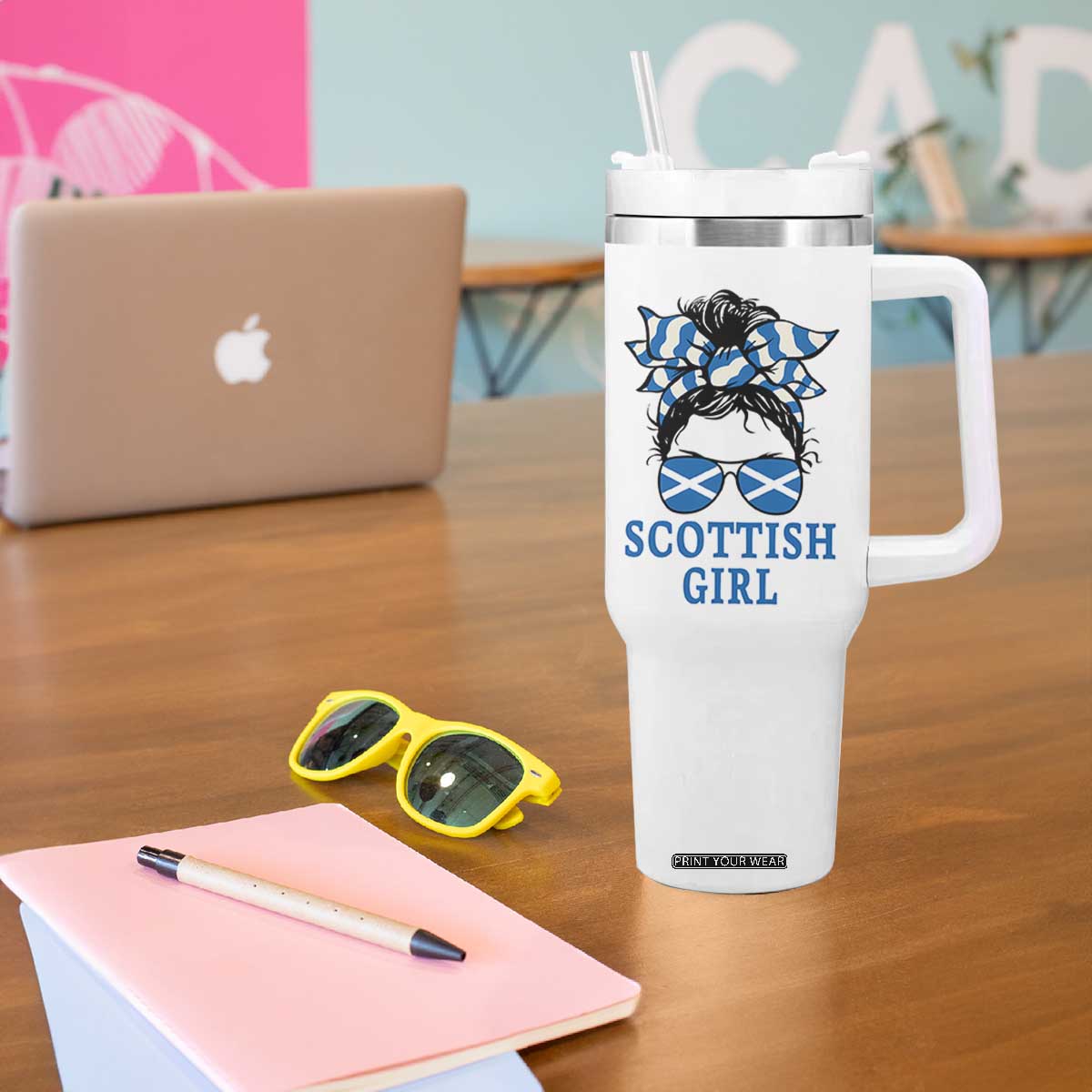 Scottish Girl Messy Bun Hair Saltire Flag Ribbon Bow Tumbler With Handle Scotland Pride for Girls Women