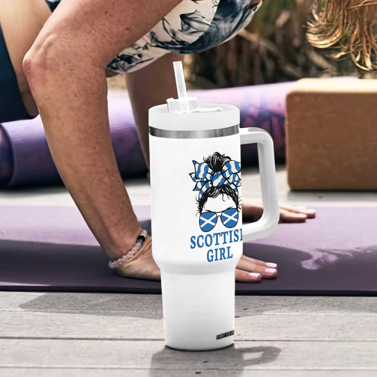 Scottish Girl Messy Bun Hair Saltire Flag Ribbon Bow Tumbler With Handle Scotland Pride for Girls Women