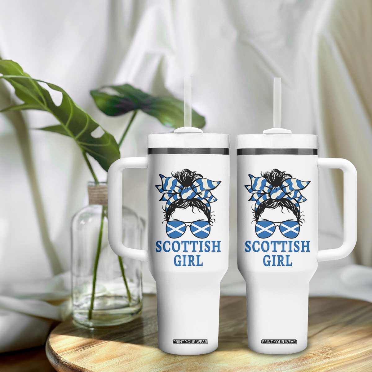Scottish Girl Messy Bun Hair Saltire Flag Ribbon Bow Tumbler With Handle Scotland Pride for Girls Women