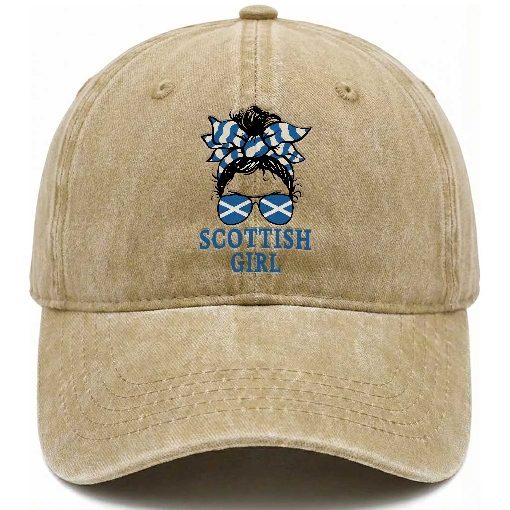 Scottish Girl Messy Bun Hair Saltire Flag Ribbon Bow Washed Cotton Baseball Cap Scotland Pride for Girls Women