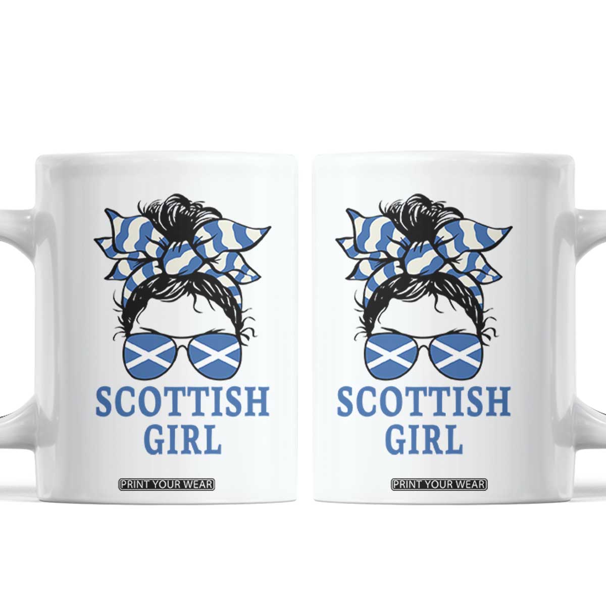 Scottish Girl Messy Bun Hair Saltire Flag Ribbon Bow Coffee Mug Scotland Pride for Girls Women