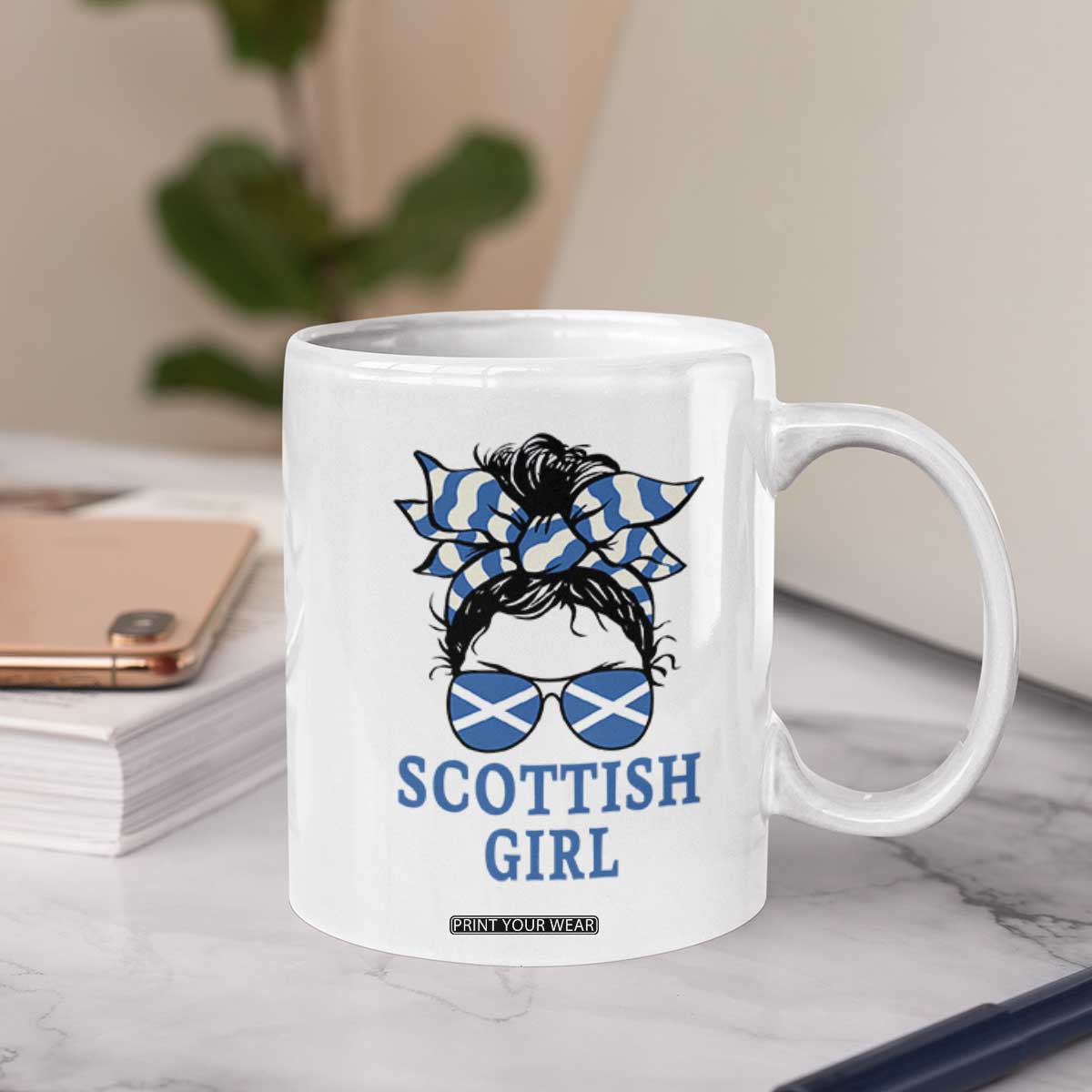 Scottish Girl Messy Bun Hair Saltire Flag Ribbon Bow Coffee Mug Scotland Pride for Girls Women