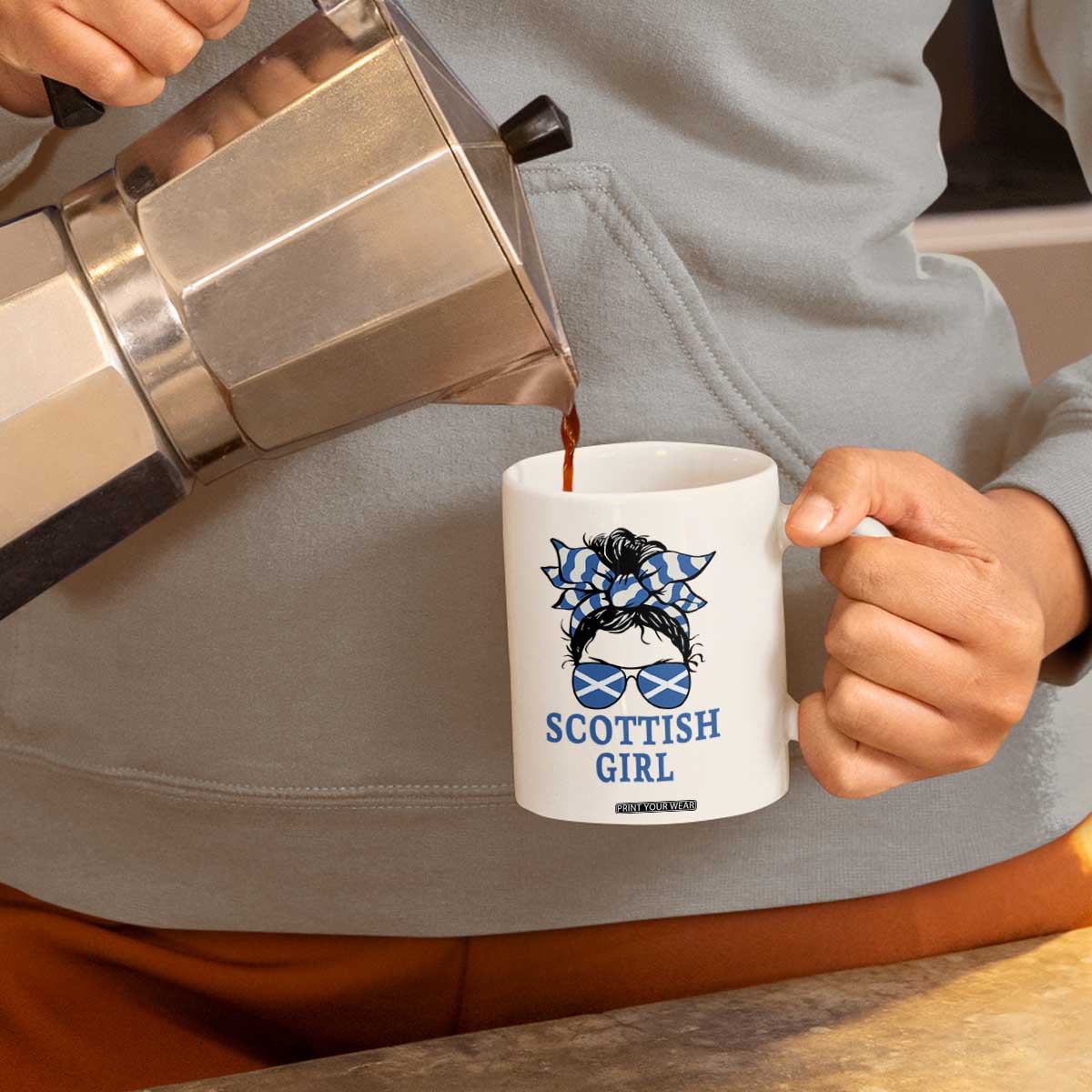 Scottish Girl Messy Bun Hair Saltire Flag Ribbon Bow Coffee Mug Scotland Pride for Girls Women