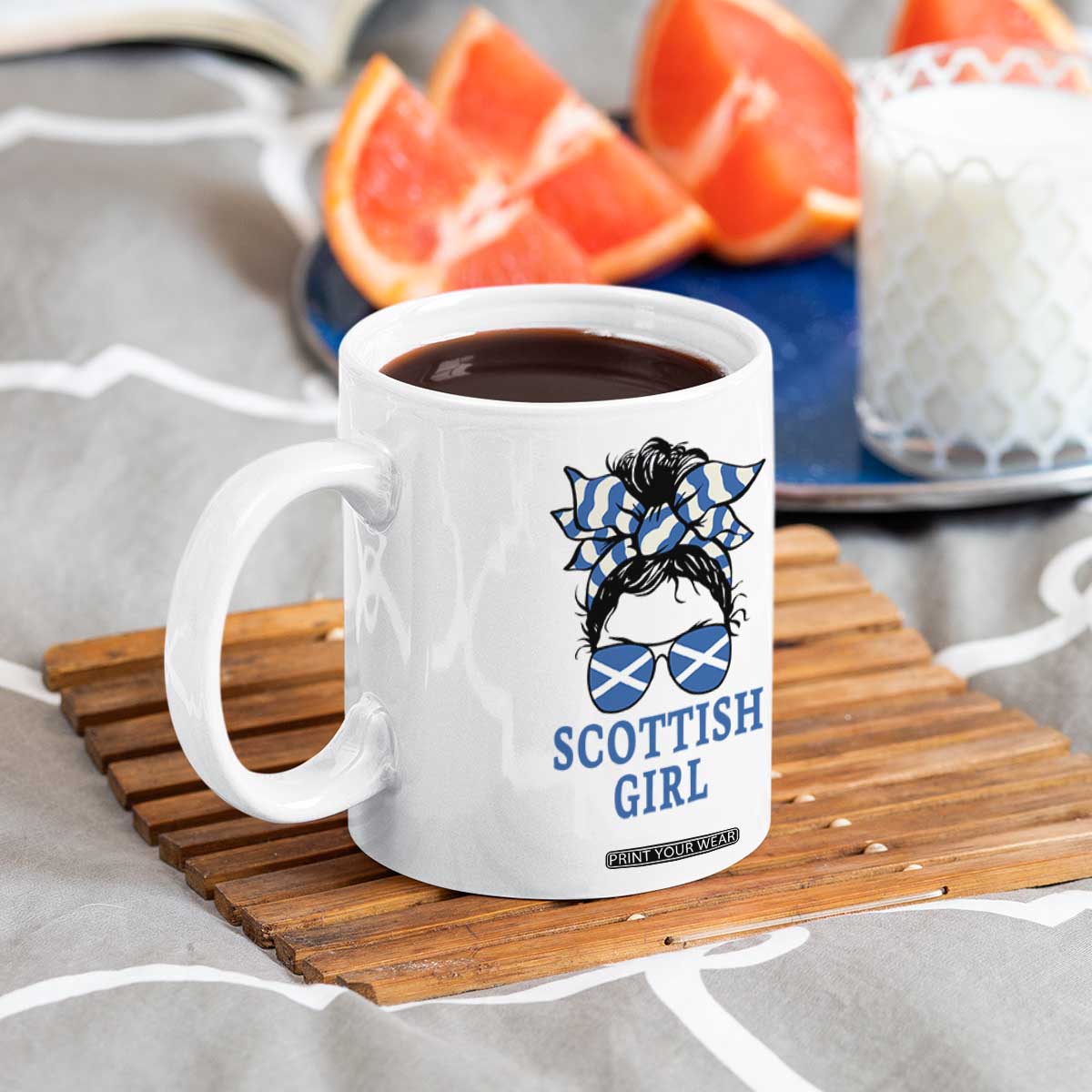 Scottish Girl Messy Bun Hair Saltire Flag Ribbon Bow Coffee Mug Scotland Pride for Girls Women