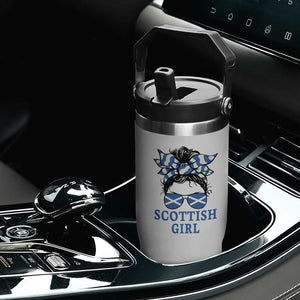 Scottish Girl Messy Bun Hair Saltire Flag Ribbon Bow Flip Straw Tumbler Scotland Pride for Girls Women