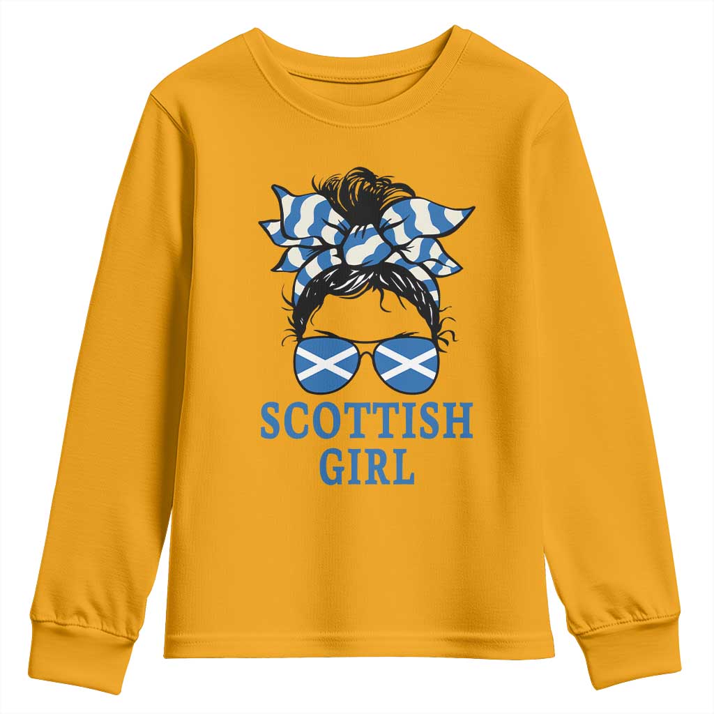 Scottish Girl Messy Bun Hair Saltire Flag Ribbon Bow Youth Sweatshirt Scotland Pride for Girls Women