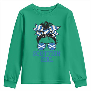 Scottish Girl Messy Bun Hair Saltire Flag Ribbon Bow Youth Sweatshirt Scotland Pride for Girls Women