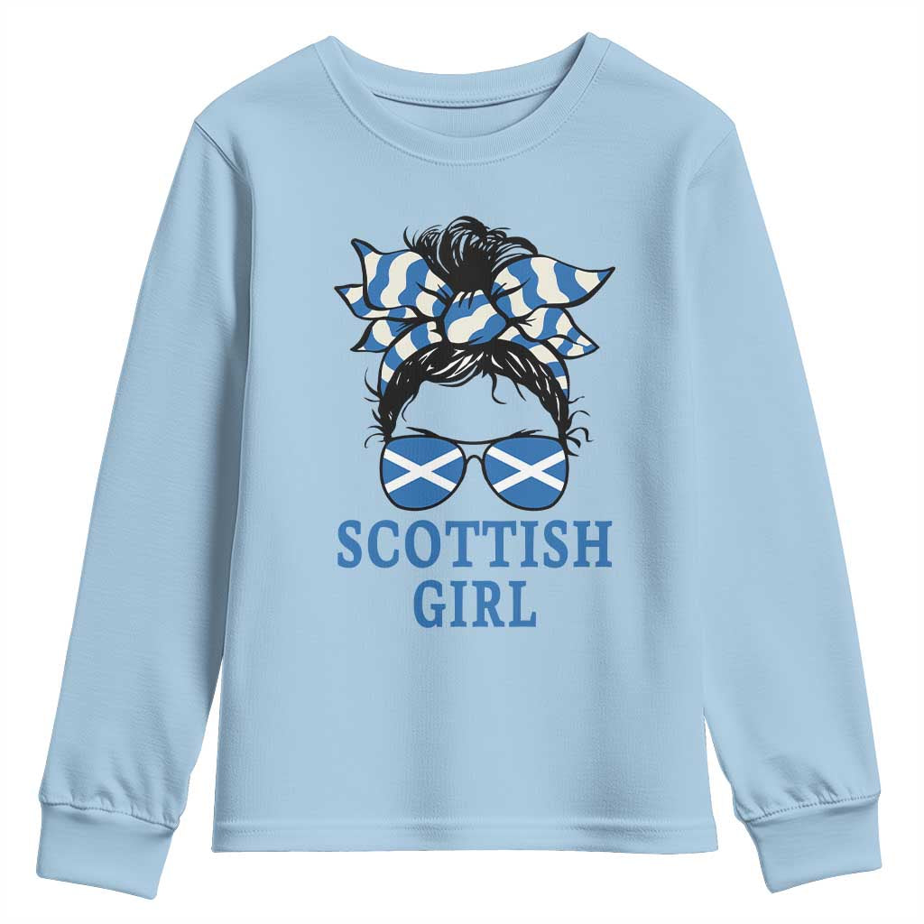 Scottish Girl Messy Bun Hair Saltire Flag Ribbon Bow Youth Sweatshirt Scotland Pride for Girls Women