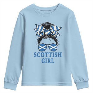 Scottish Girl Messy Bun Hair Saltire Flag Ribbon Bow Youth Sweatshirt Scotland Pride for Girls Women