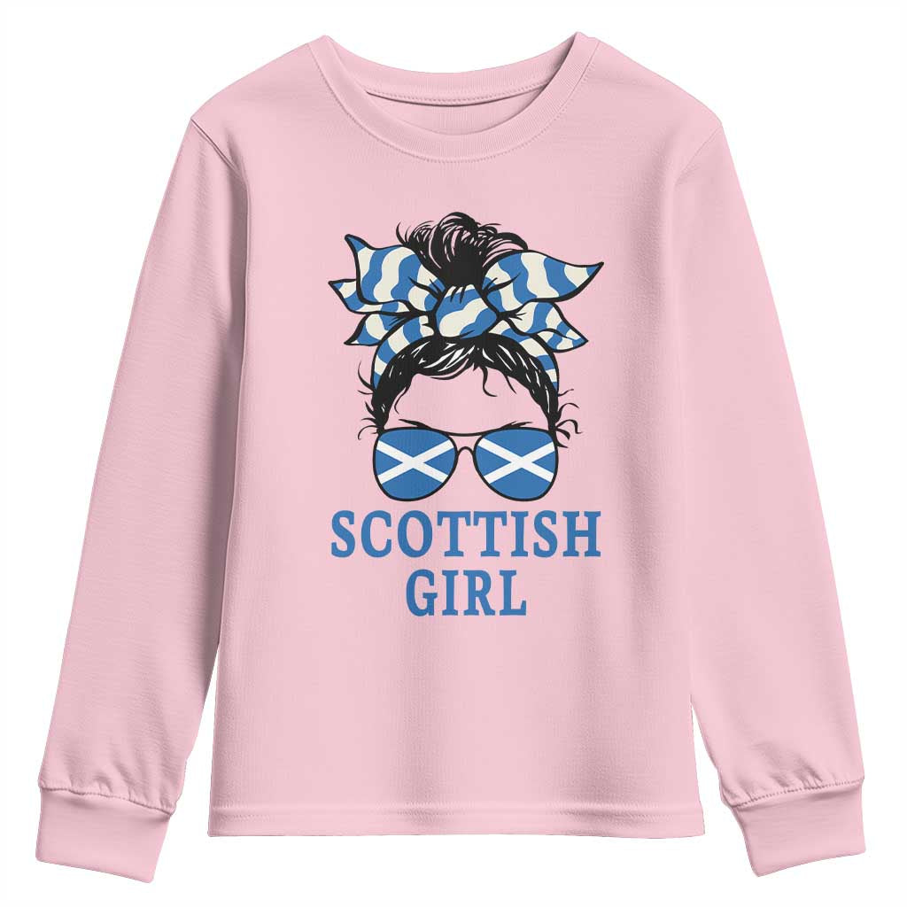 Scottish Girl Messy Bun Hair Saltire Flag Ribbon Bow Youth Sweatshirt Scotland Pride for Girls Women