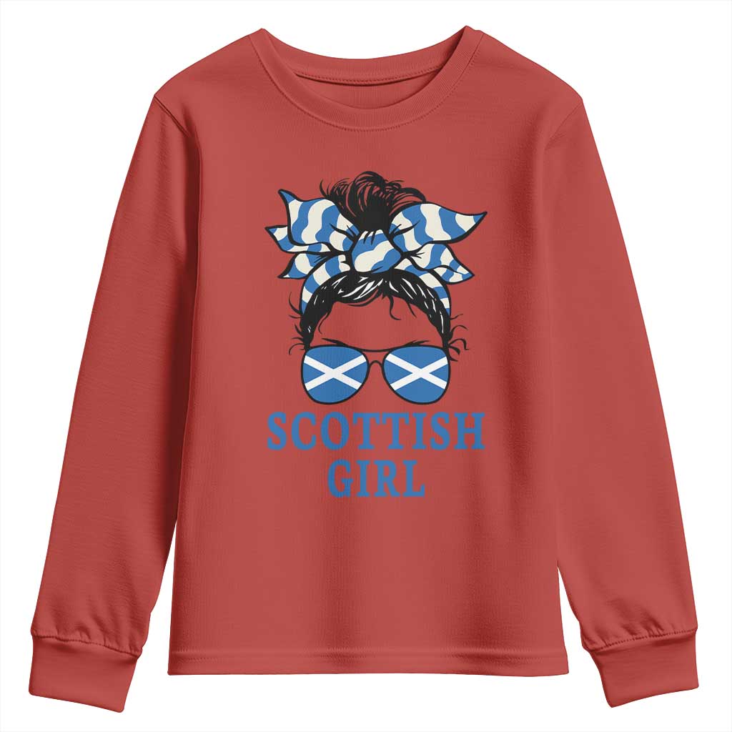 Scottish Girl Messy Bun Hair Saltire Flag Ribbon Bow Youth Sweatshirt Scotland Pride for Girls Women
