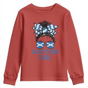 Scottish Girl Messy Bun Hair Saltire Flag Ribbon Bow Youth Sweatshirt Scotland Pride for Girls Women