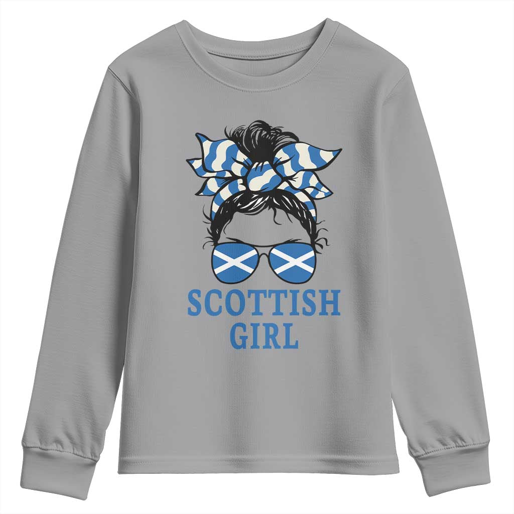 Scottish Girl Messy Bun Hair Saltire Flag Ribbon Bow Youth Sweatshirt Scotland Pride for Girls Women