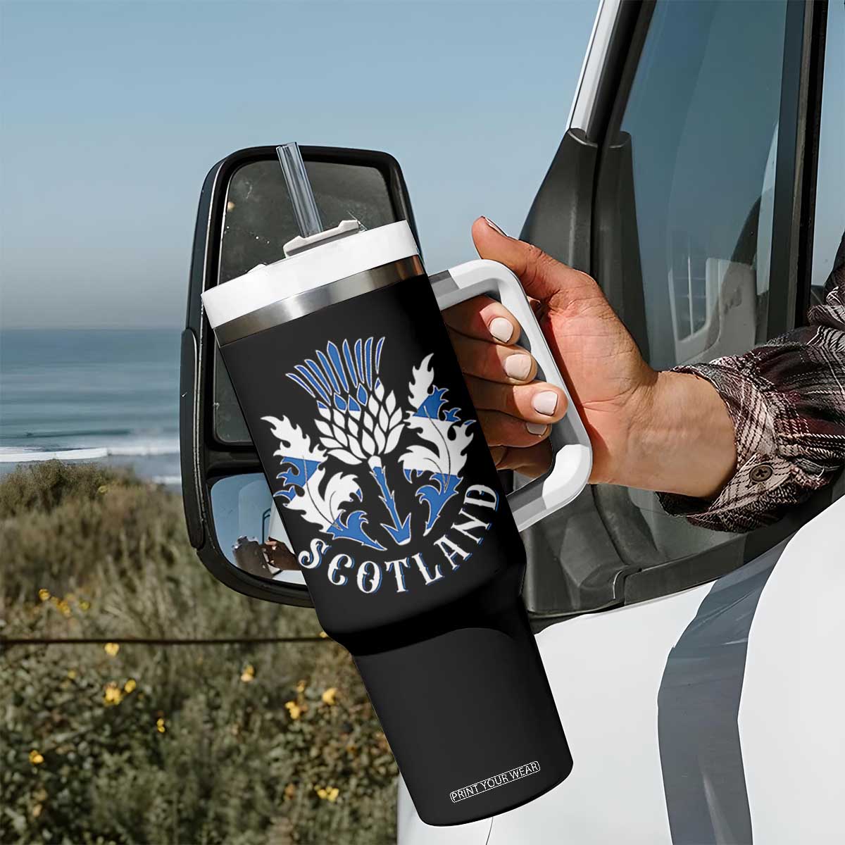 Scotland Thistle Floral Emblem Tumbler With Handle Stylized Gothic Heraldry Scottish Heritage Pride