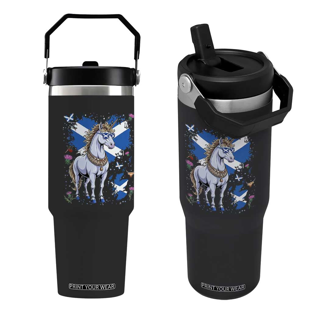 Majestic Scottish Unicorn Wearing Saltire Sunglasses Graphic Flip Straw Tumbler Floral Thistles Scottish Heritage Pride TS02 One Size: 30 oz Black Print Your Wear