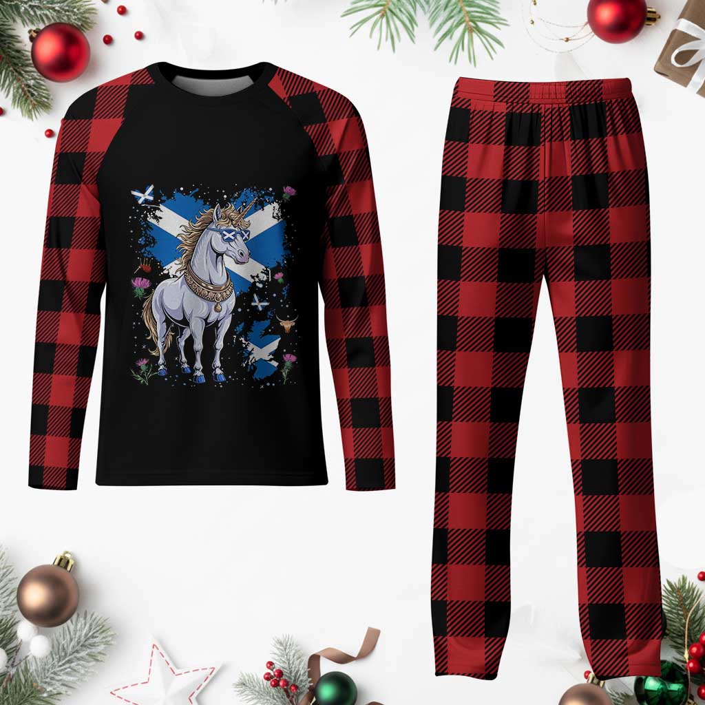 Majestic Scottish Unicorn Wearing Saltire Sunglasses Graphic Plaid Pajama Set Floral Thistles Scottish Heritage Pride TS02 Buffalo Plaid Print Your Wear