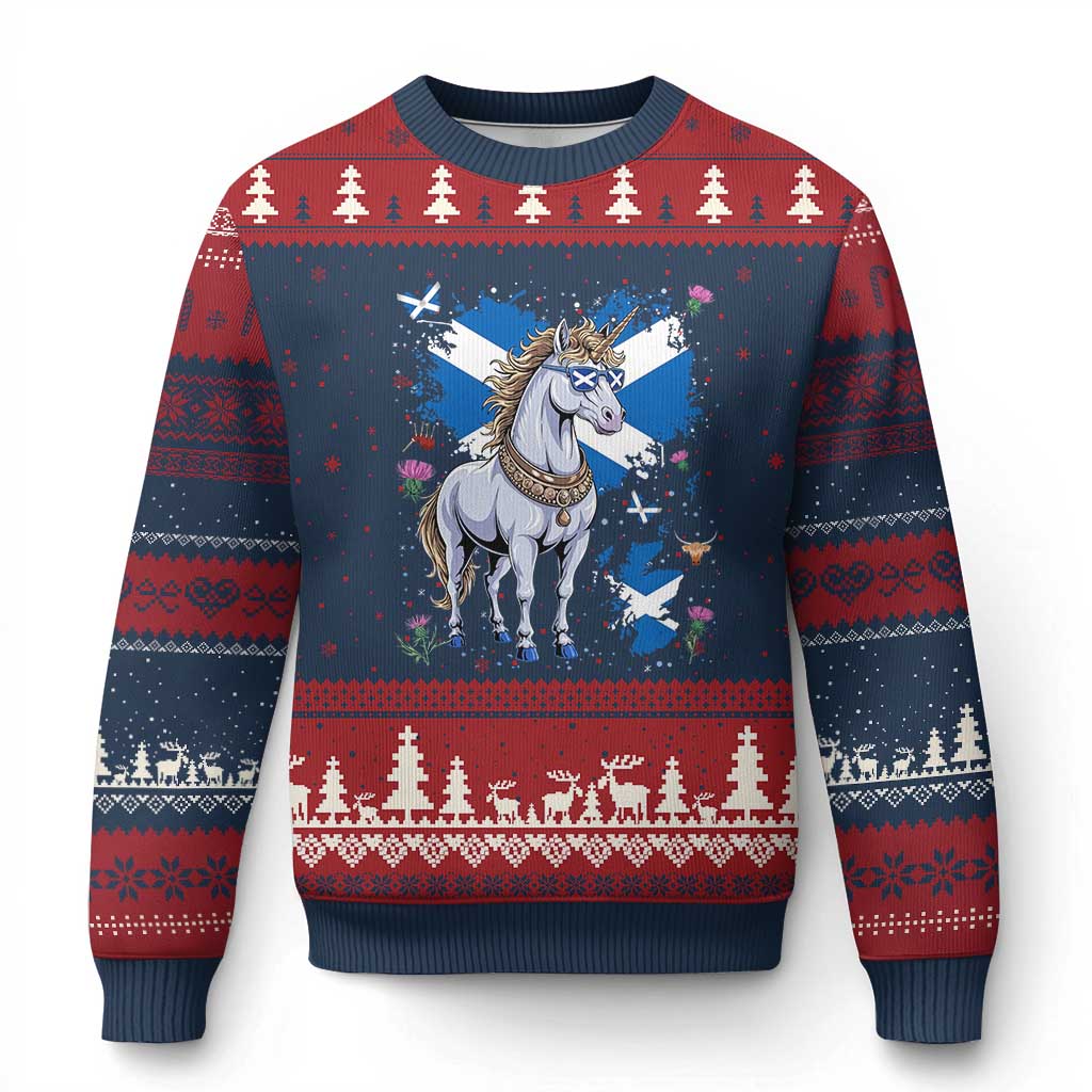 Majestic Scottish Unicorn Wearing Saltire Sunglasses Graphic Ugly Christmas Sweater Floral Thistles Scottish Heritage Pride TS02 Navy Red Print Your Wear