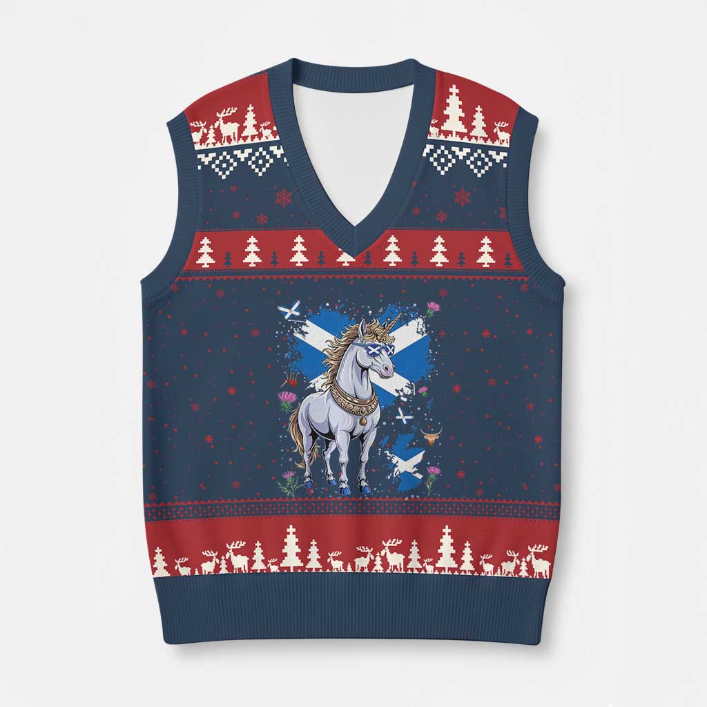 Majestic Scottish Unicorn Wearing Saltire Sunglasses Graphic V-Neck Knit Sweater Vest Floral Thistles Scottish Heritage Pride TS02 Navy Red Print Your Wear