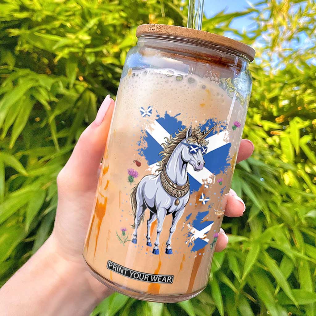Majestic Scottish Unicorn Wearing Saltire Sunglasses Graphic Glass Can Floral Thistles Scottish Heritage Pride TS02 Black Print Your Wear