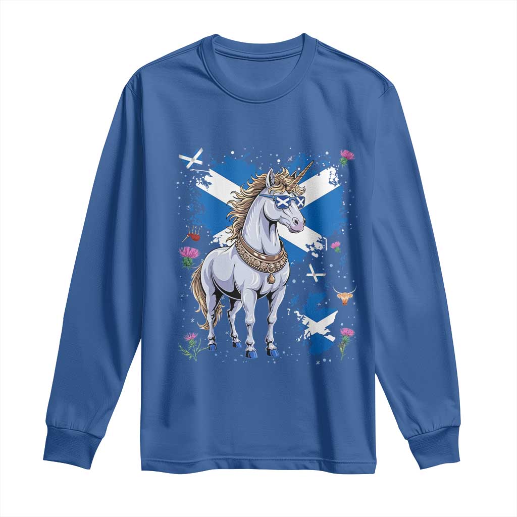 Majestic Scottish Unicorn Wearing Saltire Sunglasses Graphic Long Sleeve Shirt Floral Thistles Scottish Heritage Pride TS02 Royal Blue Print Your Wear