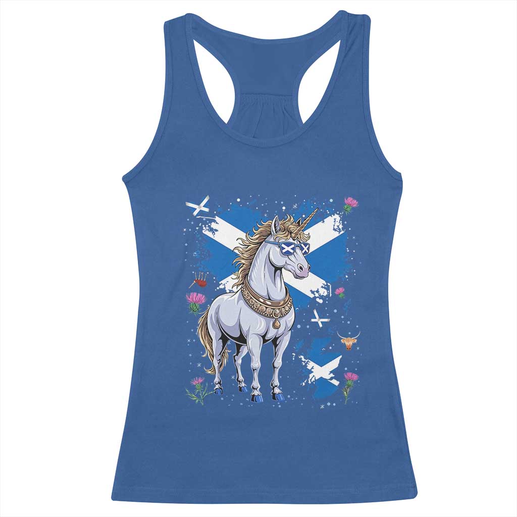 Majestic Scottish Unicorn Wearing Saltire Sunglasses Graphic Racerback Tank Top Floral Thistles Scottish Heritage Pride TS02 Royal Blue Print Your Wear