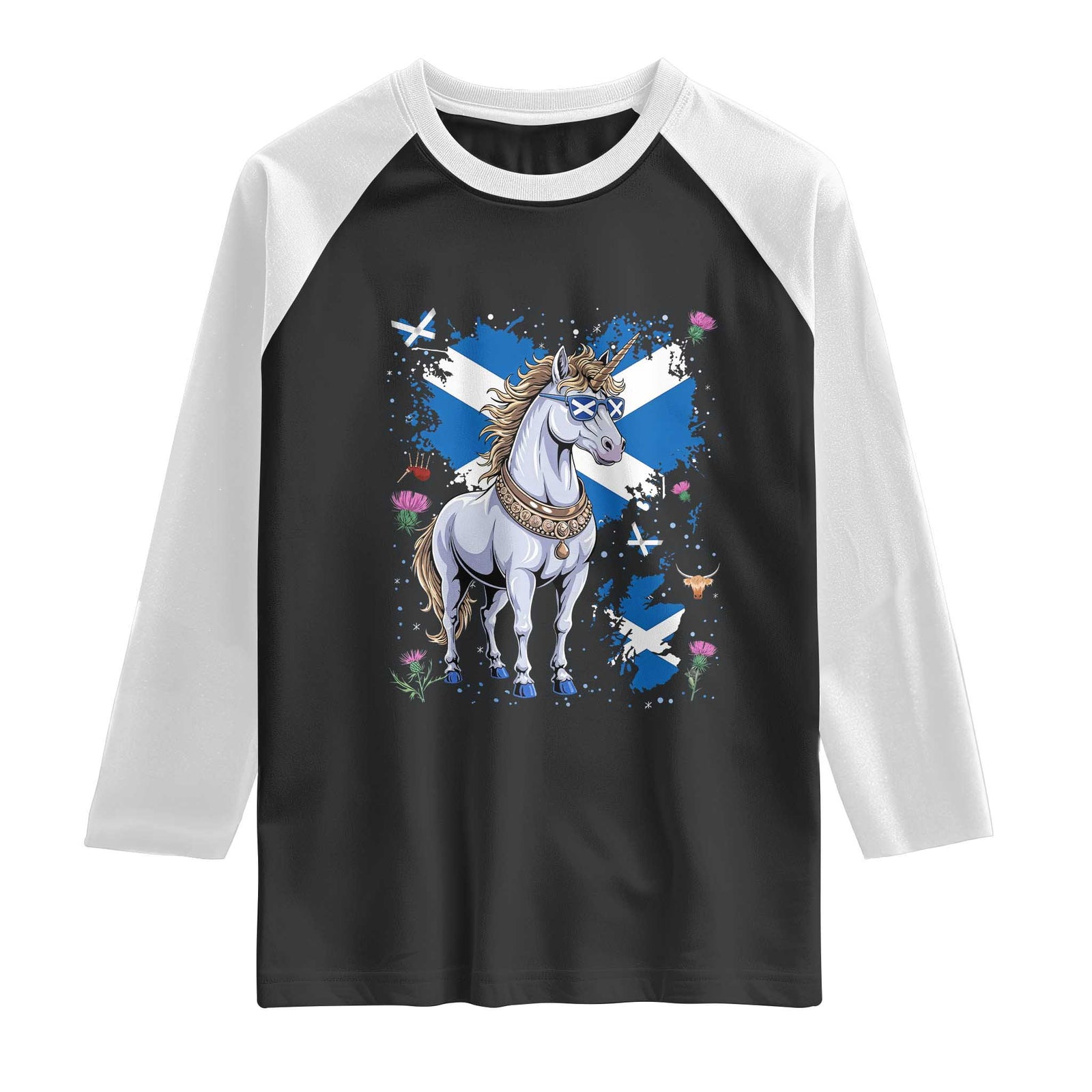 Majestic Scottish Unicorn Wearing Saltire Sunglasses Graphic Raglan Shirt Floral Thistles Scottish Heritage Pride TS02 Black White Print Your Wear