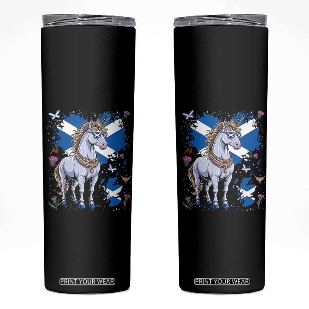 Majestic Scottish Unicorn Wearing Saltire Sunglasses Graphic Skinny Tumbler Floral Thistles Scottish Heritage Pride TS02 Black Print Your Wear