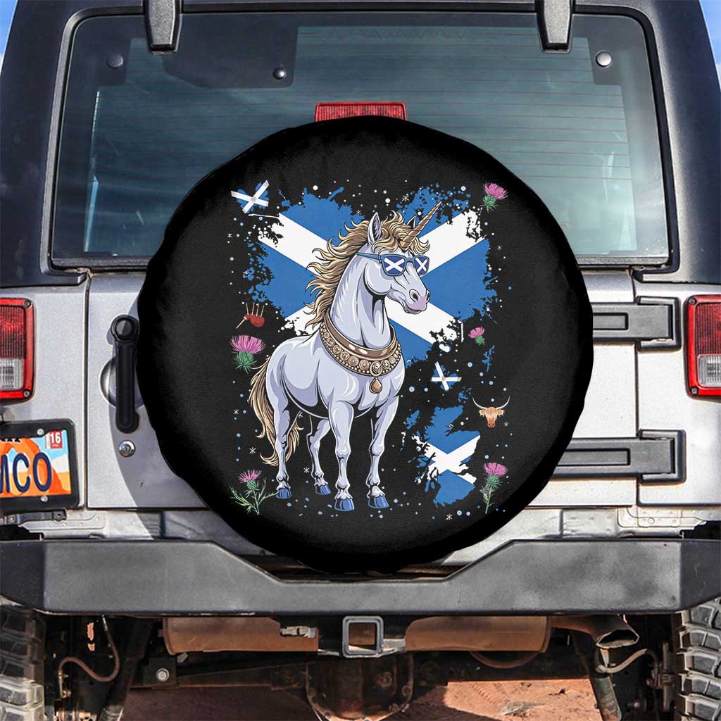 Majestic Scottish Unicorn Wearing Saltire Sunglasses Graphic Spare Tire Cover Floral Thistles Scottish Heritage Pride TS02 No hole Black Print Your Wear
