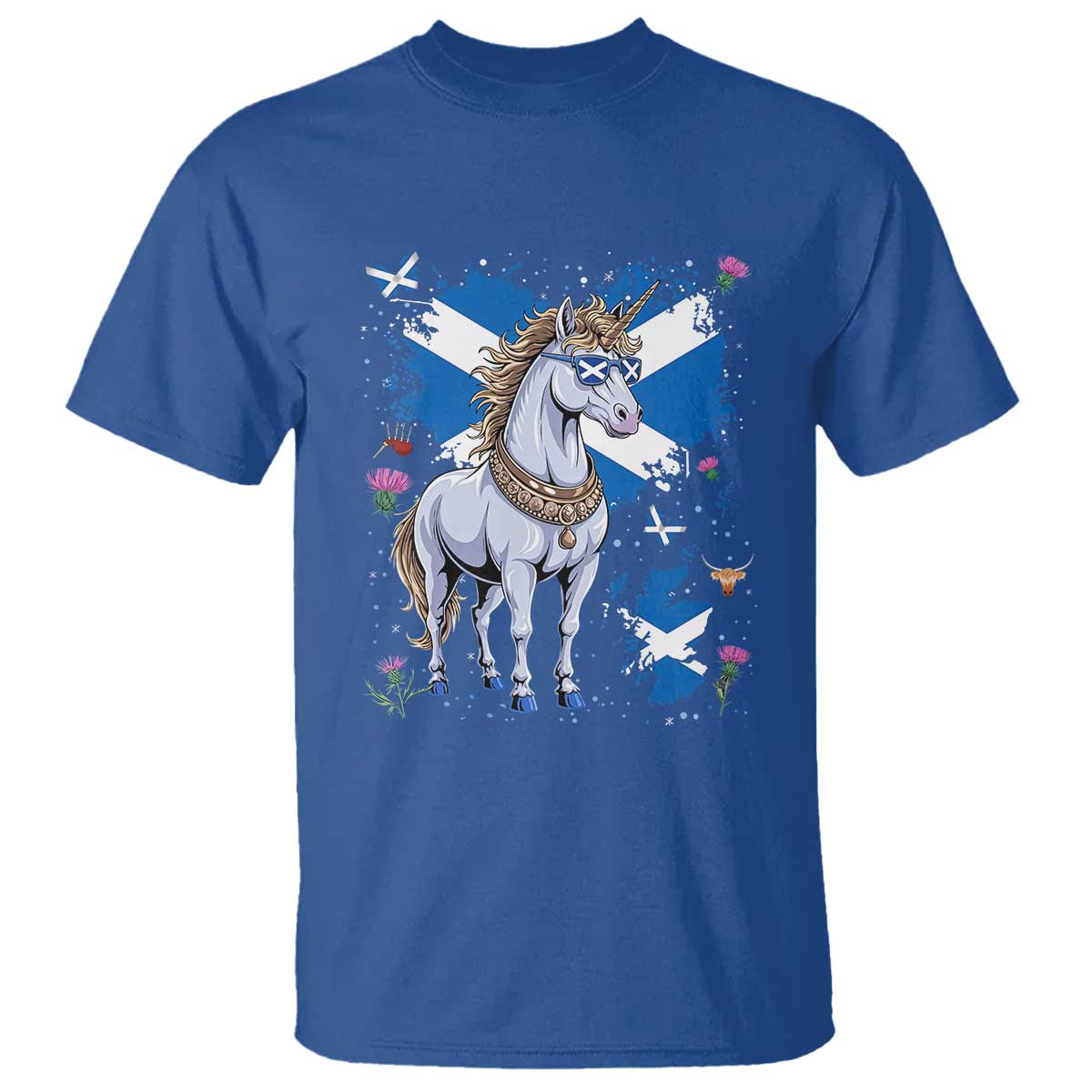 Majestic Scottish Unicorn Wearing Saltire Sunglasses Graphic T Shirt Floral Thistles Scottish Heritage Pride TS02 Royal Blue Print Your Wear
