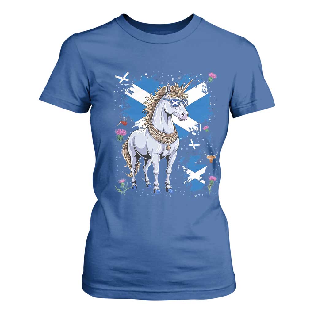 Majestic Scottish Unicorn Wearing Saltire Sunglasses Graphic T Shirt For Women Floral Thistles Scottish Heritage Pride TS02 Royal Blue Print Your Wear