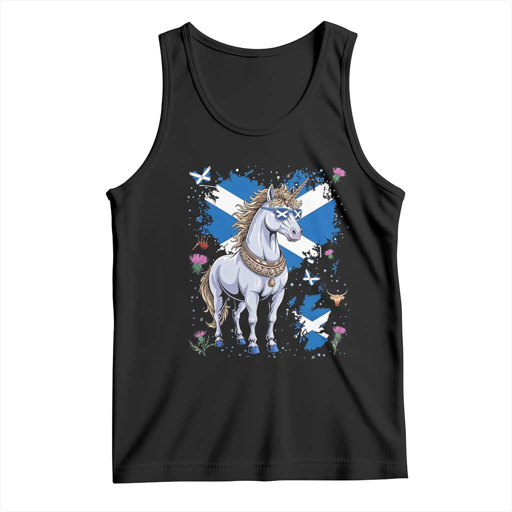 Majestic Scottish Unicorn Wearing Saltire Sunglasses Graphic Tank Top Floral Thistles Scottish Heritage Pride TS02 Black Print Your Wear
