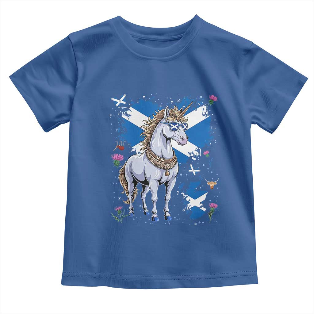 Majestic Scottish Unicorn Wearing Saltire Sunglasses Graphic Toddler T Shirt Floral Thistles Scottish Heritage Pride TS02 Royal Blue Print Your Wear