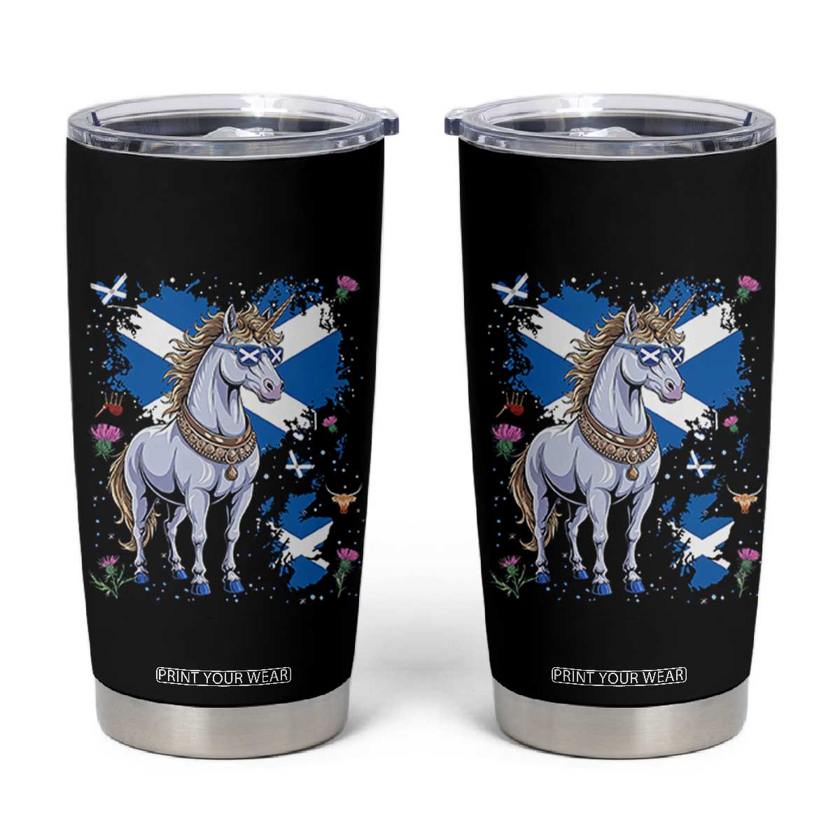 Majestic Scottish Unicorn Wearing Saltire Sunglasses Graphic Tumbler Cup Floral Thistles Scottish Heritage Pride TS02 Black Print Your Wear