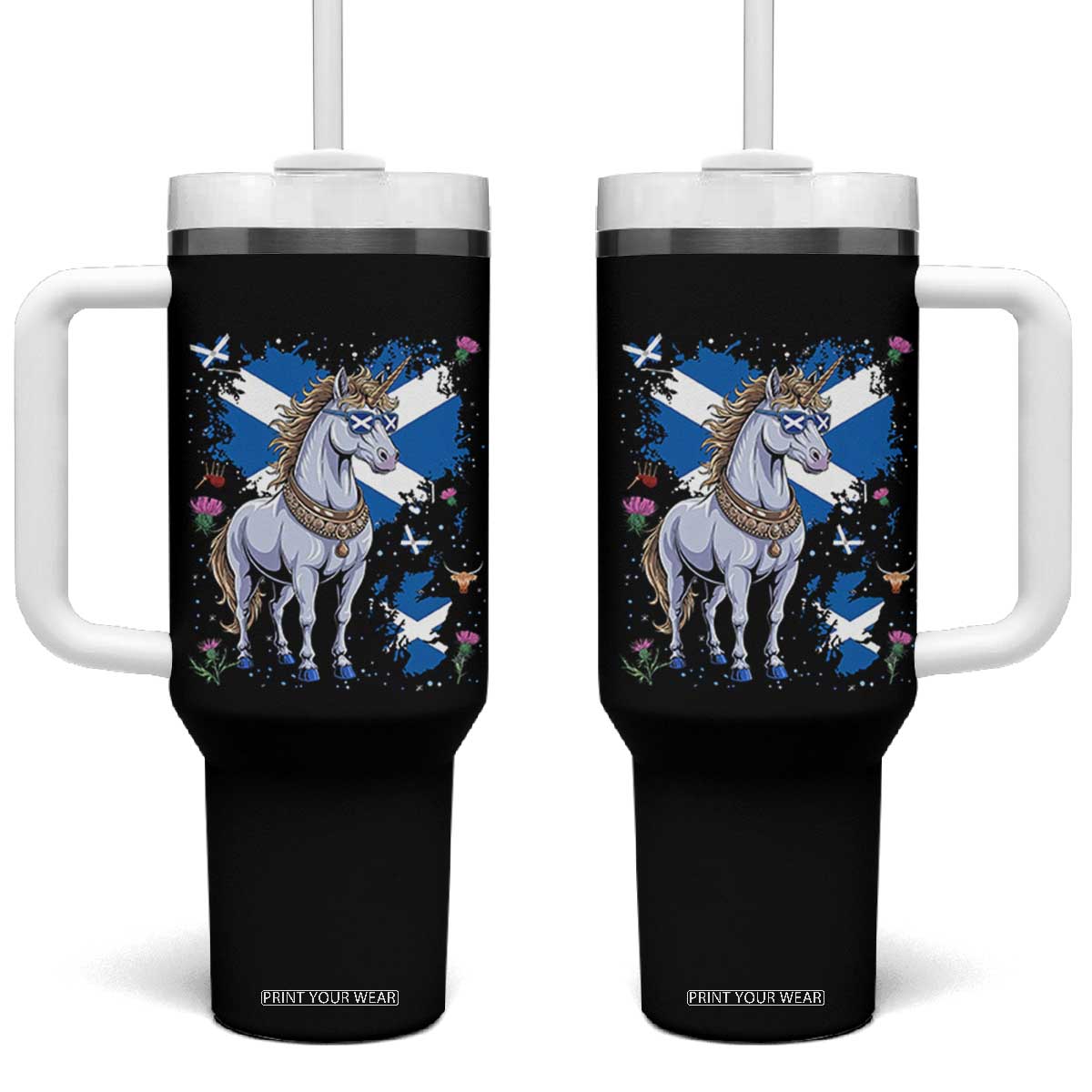 Majestic Scottish Unicorn Wearing Saltire Sunglasses Graphic Tumbler With Handle Floral Thistles Scottish Heritage Pride TS02 One Size: 40 oz Black Print Your Wear