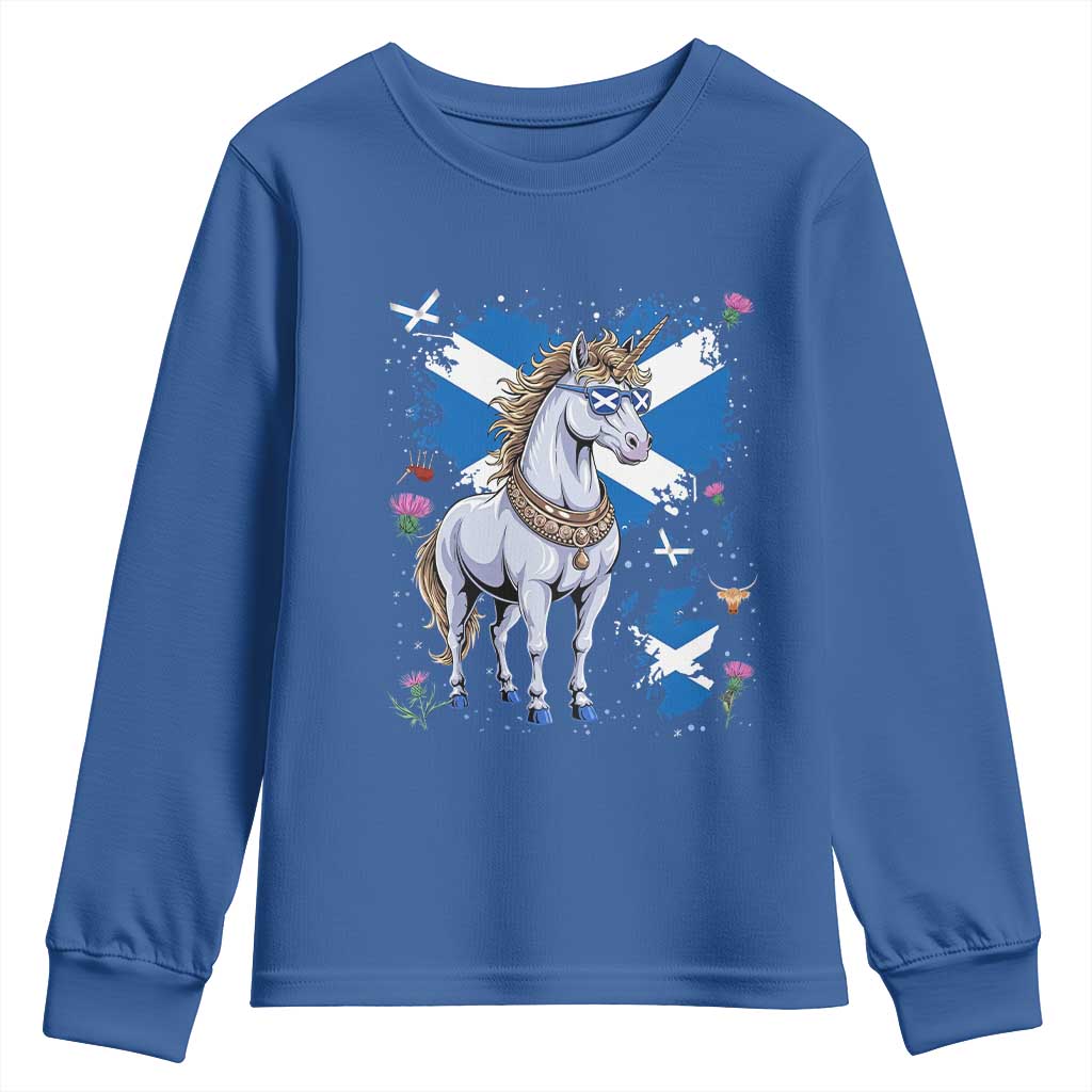 Majestic Scottish Unicorn Wearing Saltire Sunglasses Graphic Youth Sweatshirt Floral Thistles Scottish Heritage Pride TS02 Royal Blue Print Your Wear