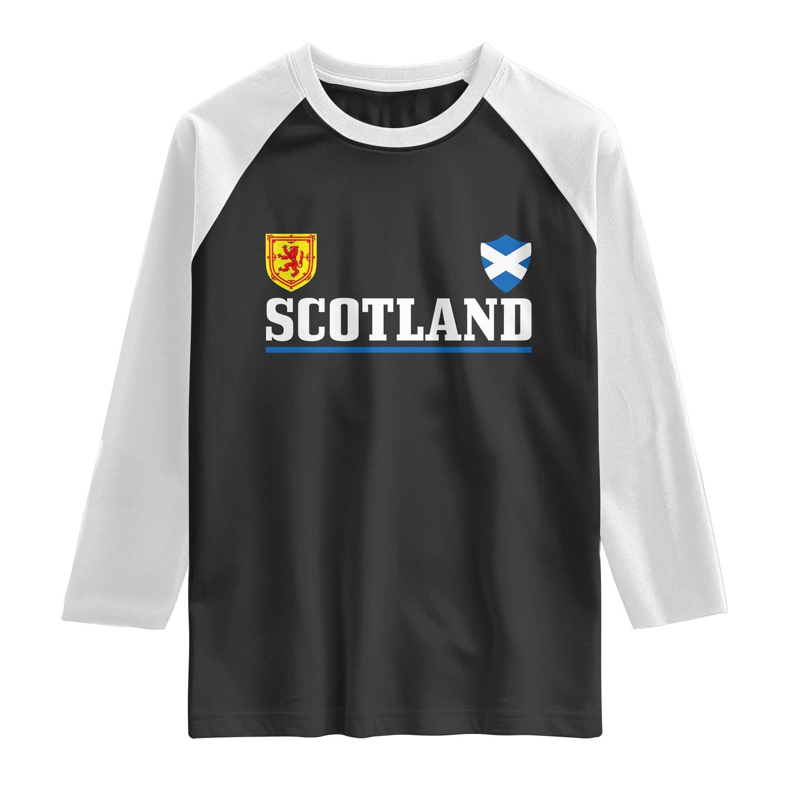 Scotland Dual Crest Lion Rampant Shield Saltire Flag Raglan Shirt Football Fans Match Day TS02 Black White Print Your Wear