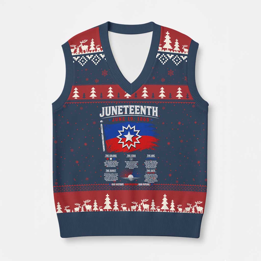 Educational Juneteenth Flag Symbolism Infographic V-Neck Knit Sweater Vest Freedom Day June 19 1865 History Meaning TS02 Navy Red Print Your Wear