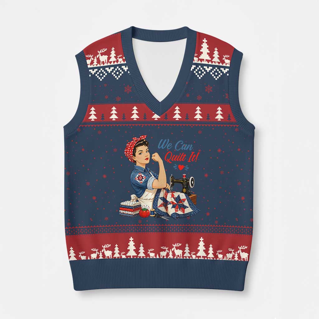 Funny Rosie We Can Quilt It V-Neck Knit Sweater Vest Quilting Sewing Crafty Joke TS02 Navy Red Print Your Wear